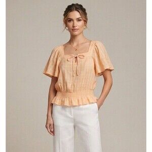 DKNY Jeans Orange 100% Cotton Flutter Sleeve Peplum Top Tie Front Women’s Size S
